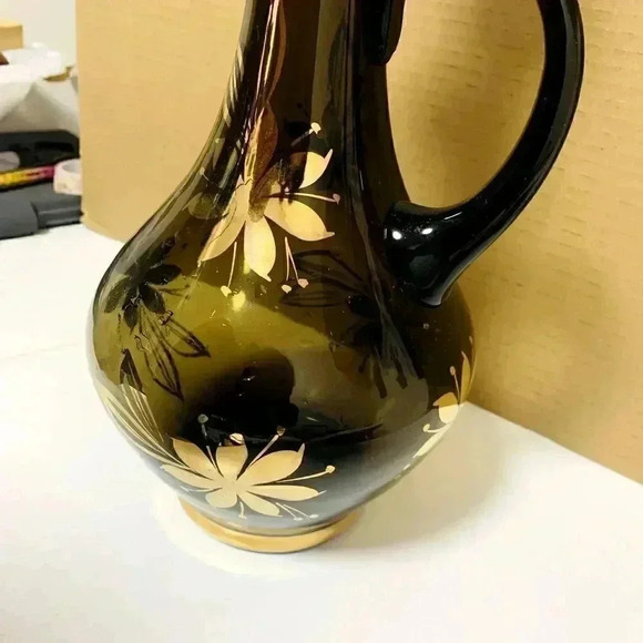 Romanian MidCent Smoked Glass 22k Gold Carafe Decanter Czech Bohemian - Picture 14 of 16